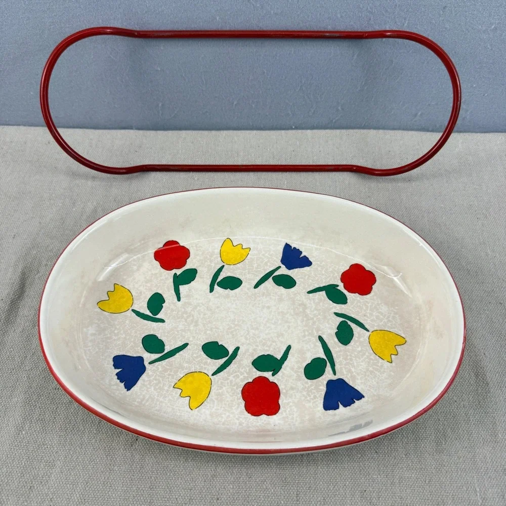 Vintage Tulip Pattern Baker‎ Set w/ Red & Yellow Wire Carriers MCM Pottery